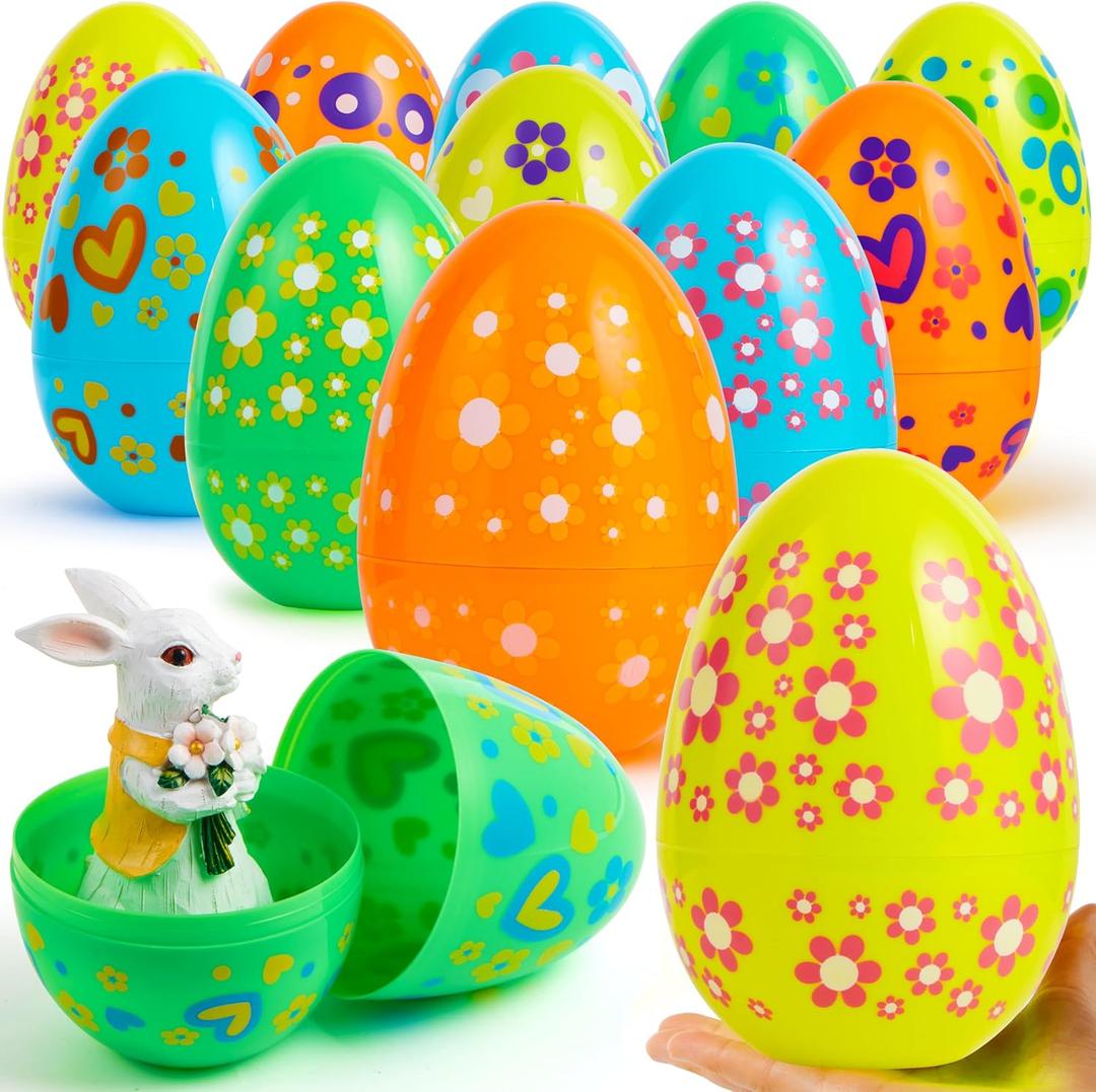 JOYIN 12 Pcs 7" Jumbo Plastic Easter Eggs, Bright Solid 6 Assorted Colors Printed Empty Eggs for Filling Treats Easter Party Favor Hunt Basket Stuffers Fillers Classroom Prize Supplies Toy