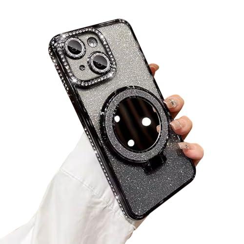 Fycyko for iPhone 14 with Mirror Kickstand Glitter Luxury Holder Stand Plated Bling Aesthetic Phone Case Shockproof for iPhone 14-Black