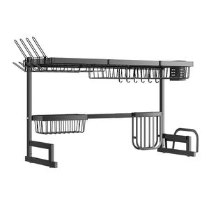 2 Tier Extra Large Stainless Steel Expandable Over The Sink Dish Drainer Drying Rack, Rust Proof Metal, Space Saving, Modern Black Big Capacity Extendable Plate Strainers Above Kitchen Counter