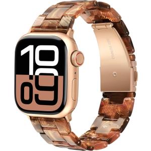V-MORO Resin Bands Compatible with Apple Watch Series 8/9/10/11 Band 46/45/44/42mm Rose Gold Buckle Fashion Lightweight iPhone Watch Strap Wristband for iwatch Series 7/SE/6/5/4/3/2/1(Golden Brown)