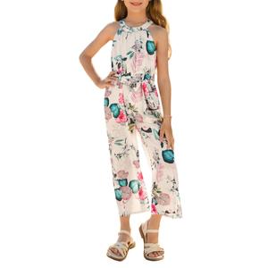 GRACE KARIN Girls Floral Jumpsuit Kids Halter Summer Belted Romper Wide Led Long Pants Green 12Y, Size: 8 Years