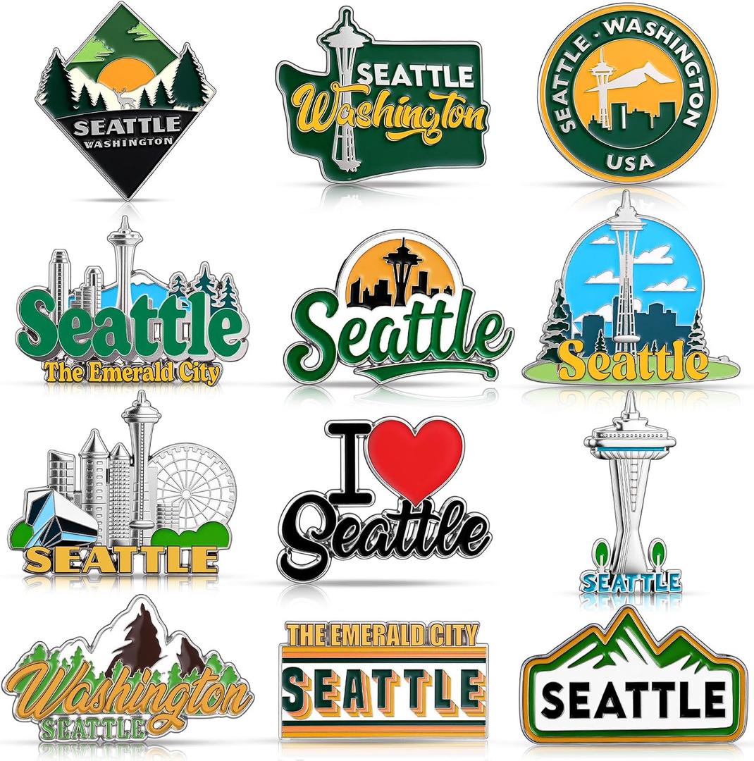 Konohan 12 Pcs Seattle Magnets for Refrigerator Metal Washington Fridge Magnet Magnetic Seattle Souvenirs Gifts USA State Magnetic Us City Refrigerator Stickers, Space Needle