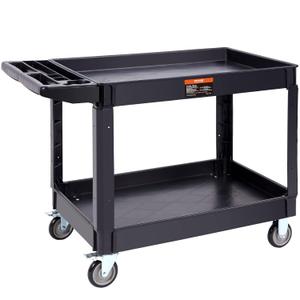 VEVOR Utility Service Cart, 2 Shelf 550LBS Heavy Duty Plastic Rolling Utility Cart with 360 Swivel Wheels (2 with Brakes), Large Lipped Shelf, Ergonomic Storage Handle for Warehouse/Garage/Cleaning 25.59"D x 45.67"W x 33.46"H