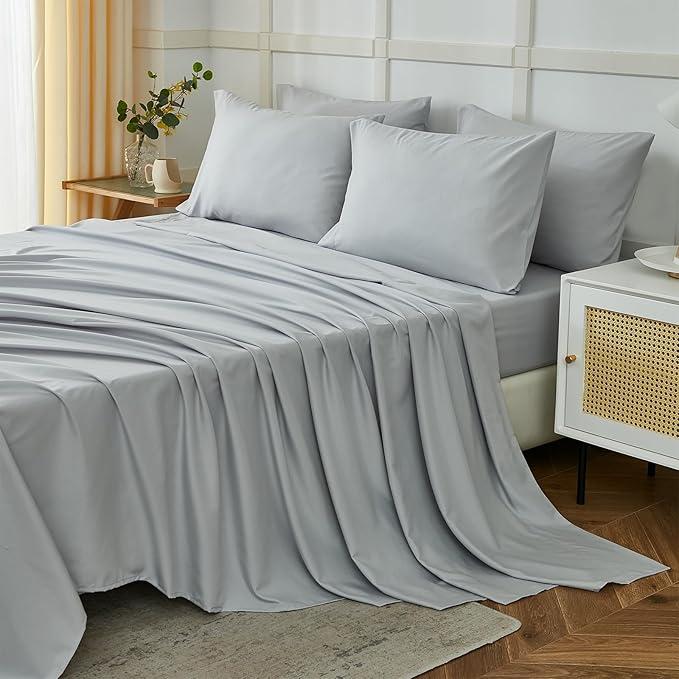 ILAVANDE King Size Sheets Set 6 Piece,Hotel Luxury Super Soft 1800 Series Microfiber Grey Bed Sheets King Set-Wrinkle Free & Breathable-14 Deep Pocket Sheets for King Size Bed(King,Light Grey)