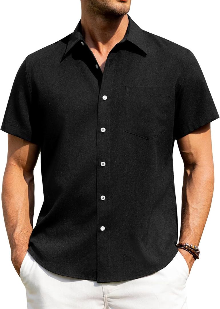 Alimens & Gentle Mens Linen Shirts Short Sleeve Button Down Shirts Wrinkle Free Casual Vacation Beach Summer Tops (Large, Black)