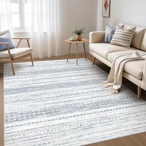 Nakagishi 5x7 Area Rugs Living Room: Washable Boho Large Neutral Soft Farmhouse Rug Stain Resistant Modern Indoor Floor Non-Slip Carpet for Bedroom Nursery Kids Playroom Office Dining Dorm-White Blue