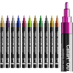 Caliart 12 Colors Outline Markers Shimmer Glitter Pens, Doodling Marker Set for Adults Artists, Cool Fun Craft Drawing Art Supplies