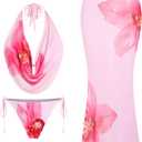 ZAFUL Women's 3 Piece Floral Swimsuit Draped Neck Halter Bikini Tie Side Bathing Suit with Sheer Cover Up Skirt (Medium, 0-pink)