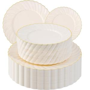U-QE 100 Piece Ivory Scalloped Plastic Plates for Party with Gold Rim - Plastic Party Plates Disposable Heavy Duty - High End Disposable Plates Include 50pcs Dinner Plates 9"&50pcs Dessert Plates 6.5"