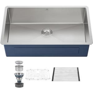 33 Inch Undermount Kitchen Sink Single Bowl,304 Stainless Steel Kitchen Sink, Include Dish-DryingRoll-up Rack Accessories, (Undermount Single Bowl, 33Inch Silver), 33 inch x 19 inch x 10 inch
