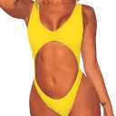 Viottiset Women's Cutout High Cut One Piece Thong Swimsuit Bikini Monokini Bandage (Yellow, XL)