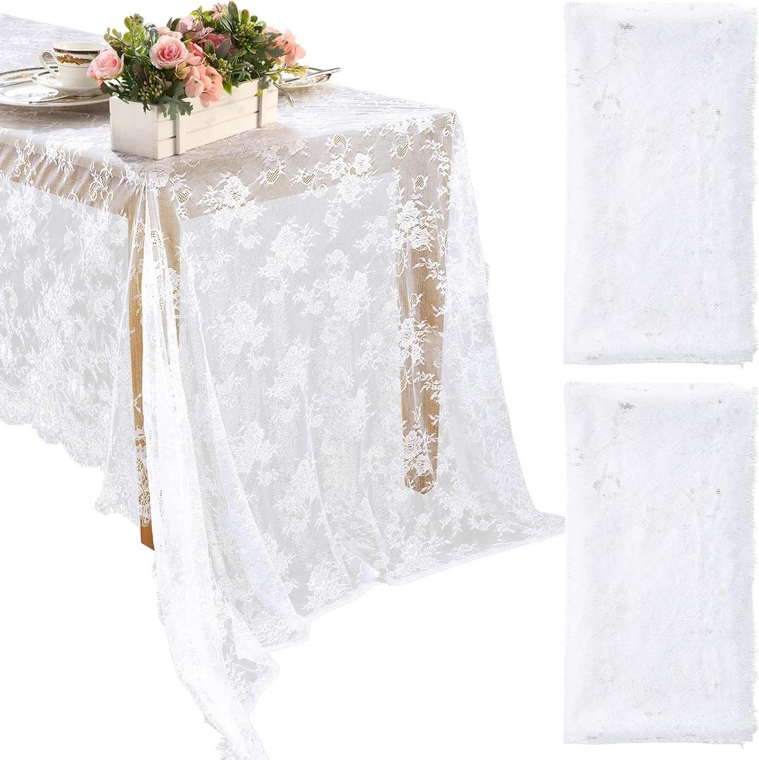 Honeydak 2 Pcs Lace Tablecloth Rectangular 60 x 120 Inch Wedding Rustic Tablecloth Overlay Rose Vintage Embroidered Wedding Reception Party Table Cover Decorations for Bridal Tea Party