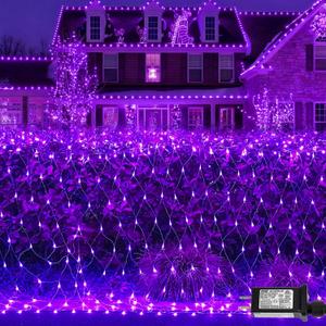YEGUO Net Lights Outdoor Mesh Lights, 12ft x 5ft 360 LED Purple Bush Light Outdoor Waterproof, 8 Modes Connectable Clear Wire Christmas Light Plug in