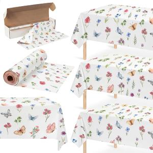 Tudomro 54 Inch x 100 ft Spring Wildflower Tablecloth Roll, Floral Party Supplies, Waterproof Disposable Wildflower and Butterfly Cuttable Plastic Table Cover for Tea Birthday Wedding Party Decoration
