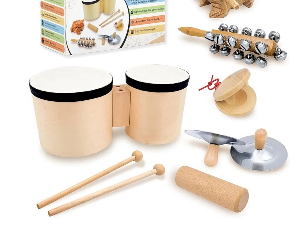 Toddler Drum Set & Musical Instruments for Toddlers – Montessori Wooden Percussion Instrument Set with Bongo Drum, Jingle Bells, Cymbals, Castanet & Guiro | Ages 3+