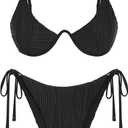 ZAFUL Women's Bikini Sets Ribbed Two Piece Swimsuits Underwire Adjustable Back Clasp Bathing Suit Side Tie Thong Swimwear (Black), Small