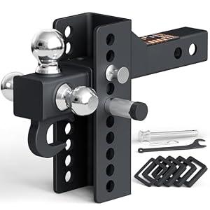 AC-DK Adjustable Trailer Hitch Tri Ball Mount with Tow Hook, Fits 2-Inch Receiver, 4-1/2 Inch Rise/Drop, Includes 1-7/8", 2", & 2-5/16" Balls, Heavy-Duty Design with Lock and Pins