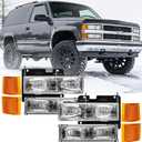 8PCS Headlights Assembly OE Style For 1994-1999 Chevy C/K Series C1500 C2500 C3500 K1500 K2500 K3500 Tahoe/Suburban/Silverado Replacement Headlamp W/Amber Corner and Bumper Light (1994-1999 OE Style Chrome+Amber)
