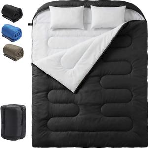 OLIXIS Double Sleeping Bag for Adults with Pillow, Lightweight Portable Large 2 Person Sleeping Bag, Cold Weather Warm Zipper Sleep Bags for 3 Seasons Backpacking/Camping/Hiking/Outdoor Adventure