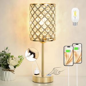 Hong-in Gold Lamps for Night Stands-Crystal Table Lamp with USB-C+A & AC Charging Ports, 3-Way Dimmable Nightstand Touch Lamp, Bedside Desk lamp for Bedroom Living Room Home Office