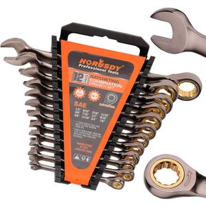HORUSDY 12-Piece SAE Ratcheting Wrench Set | 1/4 to 7/8 | Ratchet Combination Wrenches Set with Organizer | 72-Teeth | Chrome Vanadium Steel