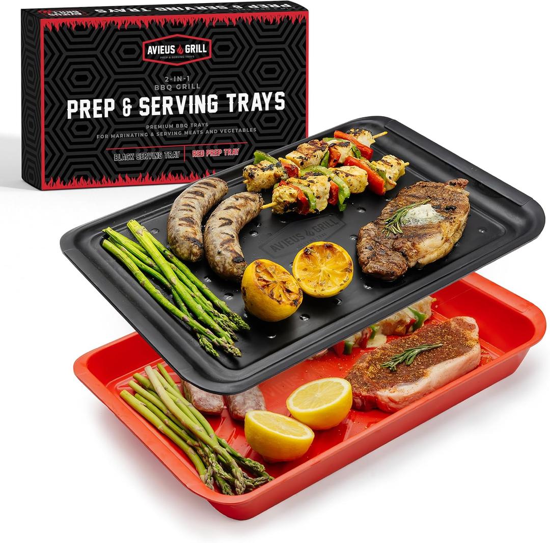 AVIEUS Grill Prep and Serve Trays | Set of 2 Stackable, Melamine Trays | Serving Tray & Marinating Tray | Serving Platter for Plating Food & BBQ Prep Tub for Marinating Meats | Grill Accessories |