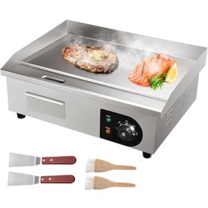 VEVOR Commercial Electric Griddle, 22", 1600W Countertop Flat Top Griddle, Stainless Steel Teppanyaki Grill w/Iron Cooking Plate, 122-572 Adjustable Temp Control 2 Shovels & Brushes, 110V (22 inch)