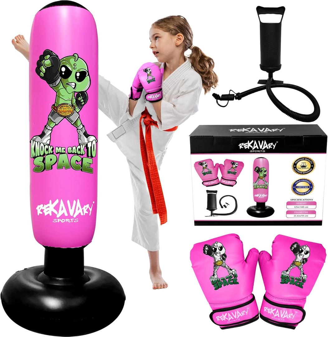 Punching Bag for Kids - 5' 3" Tall and Stable - Ninja Kids Inflatable Punching Bag Combo Kit with Kids Boxing Gloves, a Pump and Repair Kit. Boxing Bag for Immediate Bounce Back