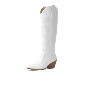 iiimmu Cowgirl Boots Women Knee High Boots Pointed Toe and Block Heel Cowboy Suede and Faux Leather Boots with Embroidered 8