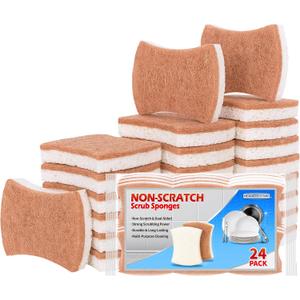 Natural Dish Sponge 24 Pack, Non-Scratch Scrub Sponge, Eco Multipurpose Kitchen Sisal Fiber Cellulose Sponge, Odor-Less Dual-Sided for Dish Washing & Household Cleaning