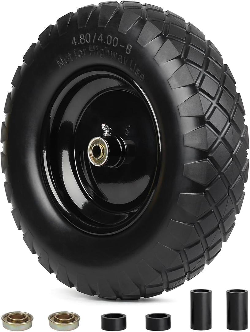 GICOOL 4.80/4.00-8" Wheelbarrow Tire, 16" Flat-Free Solid Tire and Wheel, 3-6" Centered Hub, 5/8" & 3/4" Bearing, For Garden Wagon Cart Trolley Dolly (1 Pack)