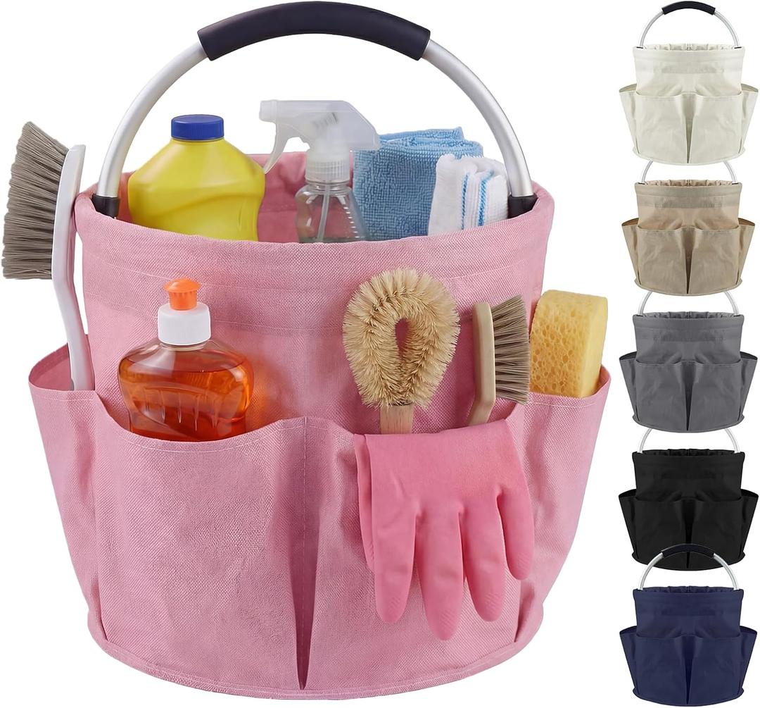 Loungewave Cleaning Caddy with Handle and 6 Pockets, 17L Cleaning Supplies Organizer, 600D Oxford Fabric Storage Basket, Multifunctional Bucket Bag for Picnics, Camping, Gardening, Bathing (Pink)