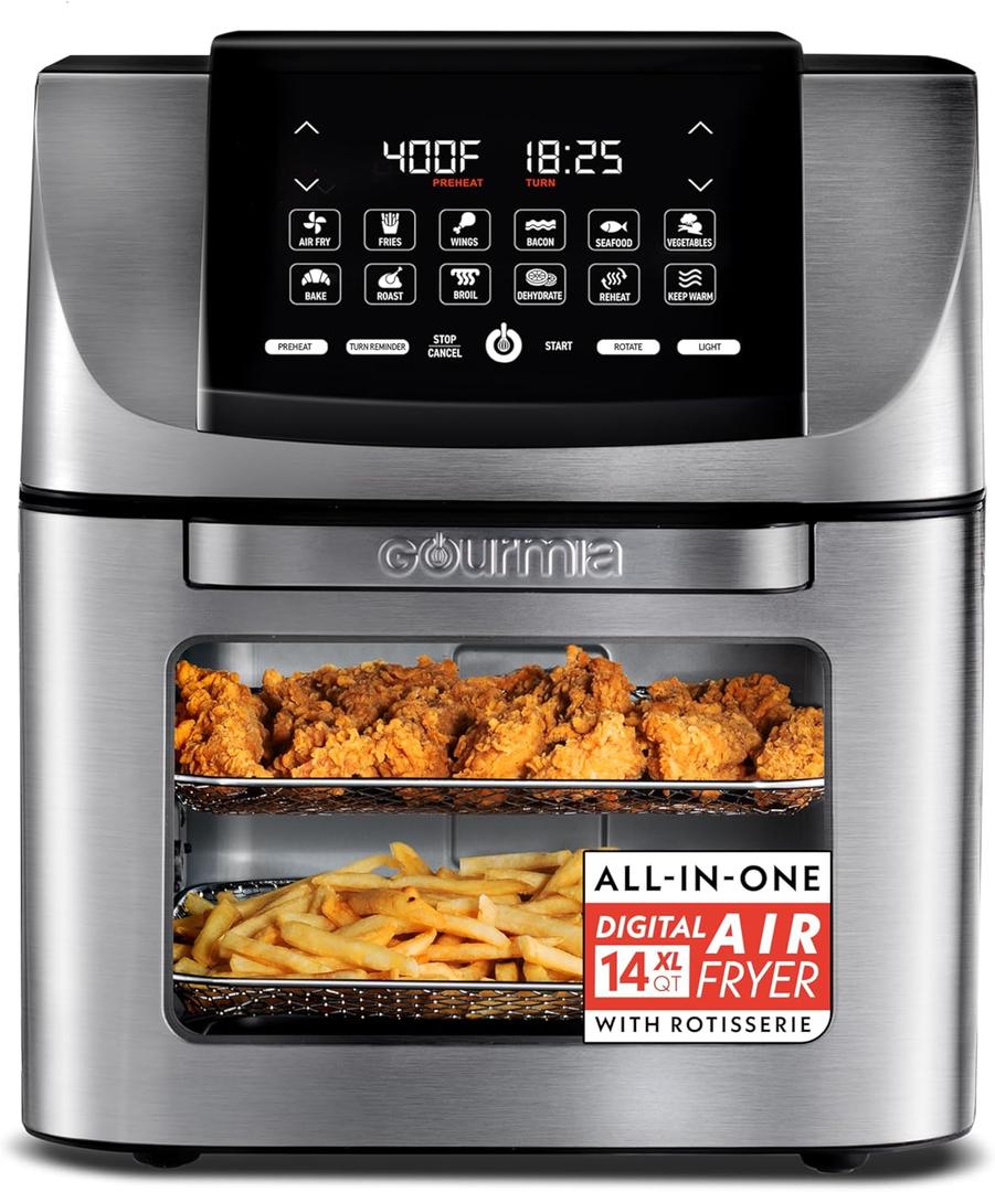 Gourmia Air Fryer - 14 Qt All-in-One Rotisserie Oven with Digital Display, 12 Presets, Roast, Bake, Broil, Dehydrate, Dishwasher Safe Accessories, Stainless Steel, Large
