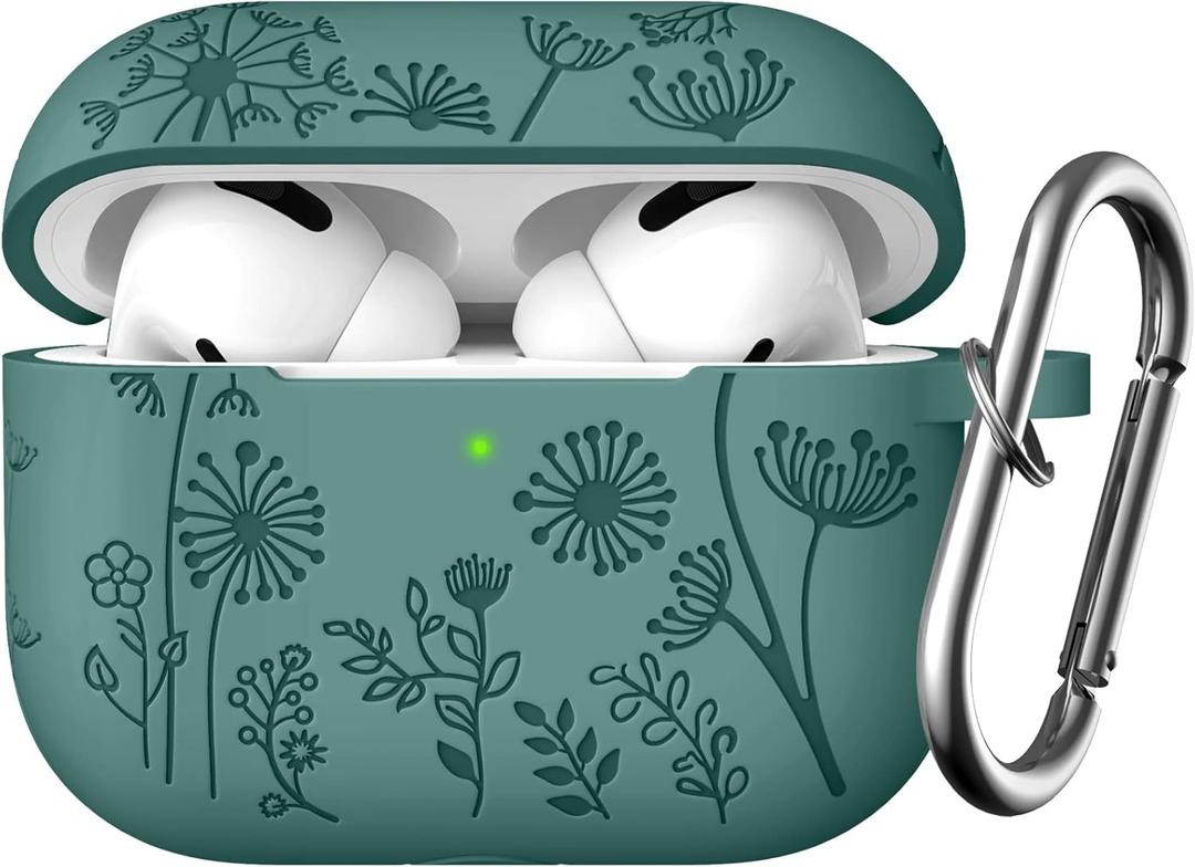Lerobo for AirPods Pro 2 Case Cover, Flower Engraved Case Compatible with Apple Airpod Pro Case 2nd / 1st Generation, Cute Soft Silicone Protection Cover for Wowen with Keychain Accessories,PineGreen