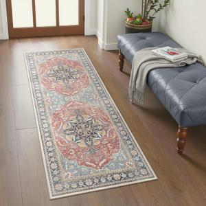 GENIMO Machine Washable Runner Rug 2x5, Rose Blue Vintage Boho Medallion Floral Carpet Runner Rug Non Slip, Ultra-Thin Non-Shedding Rug Runner for Hallway, Kitchen, Entryway, Bedroom, Laundry