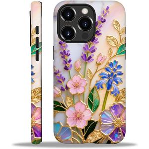 CARLOCA for iPhone 15 Pro Compatible with Magsafe Full Body Protective Glossy Case, for Girl Boy Shockproof Magnetic Charge Esthetics Pattern Golden Lavender Flowers White Marble Stained Glass