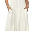 KEOMUD Women Summer Pleated Maxi Dress Casual Short Sleeve Crewneck Flowy Swing Long Dress with Pockets (L, White)