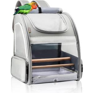 Texsens Bird Carrier Backpack - Pet Travel Cage with Upgraded Tray and Standing Perches, Breathable & Portable, for Small Birds, Green Cheek, Cockatiel, Parrot (Grey)