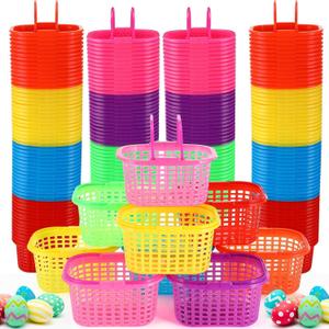 FillTouch 100 Pcs Easter Baskets Bulk Colorful Plastic Egg Baskets with Handle 6.7" x 5.11" x 3.5" Easter Buckets for Party Favors Egg Hunts Supplies Decorations, 7 Colors