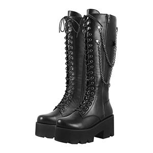 LISHAN Women's Platform Boots Motorcycle Punk Combat Gothic Lace Up Zipper Knee High Black Boots, Black, US 12