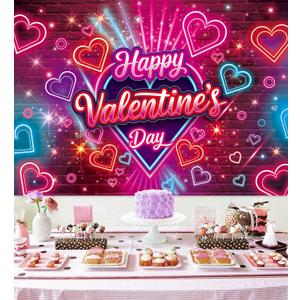 Neon Happy Valentine's Day Banner Backdrop 7x5FT Colorful Glitter Valentines Day Photography Background Red Pink Valentines Party Decorations Supplies Photo Props