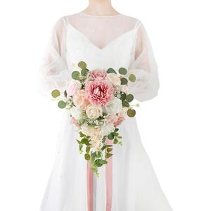 Bridal Bouquet Cascading, Dusty Rose & Champagne Wedding Bouquets for Bride Bridesmaid 10" Artificial Flowers Bouquet for Wedding Decor