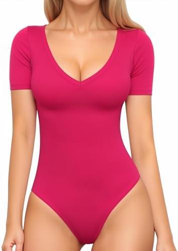 MANGOPOP Short Sleeve V Neck Bodysuits for Women, Sexy Fitted Top with Snap Closure(Rose Pink, XX-Small)