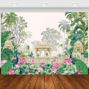 Peacock Lotus Decorations Backdrop, India Wedding Peacock Party Props Banner, Lohari, Housewarming Pooja, Temple Diwali Wall Decor Fabric Photography Background 7X5FT (Green)