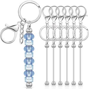 Huwena 6 Pcs Beadable Keychain Bars Blanks Bead Keychain Metal for Pendant DIY Crafts Jewelry Making Gift (Silver)