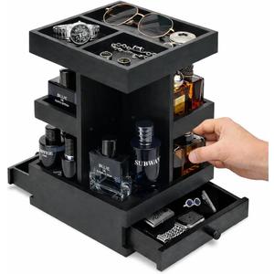 Rotating Cologne Organizer for Men Black Wooden Perfume Stand with Dual Drawers, Multi-Tier Fragrance Display & Jewelry Storage for Dresser or Bathroom