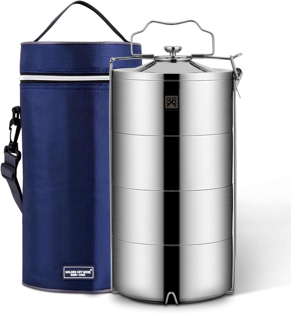 GOLDEN KEY Stainless Steel Stackable Lunch Box for Adult, Huge Capacity Bento Box with Stackable 4 Tier Insulated Food Container, and Lunch Bag (120 Ounces 4-Layers Bento)