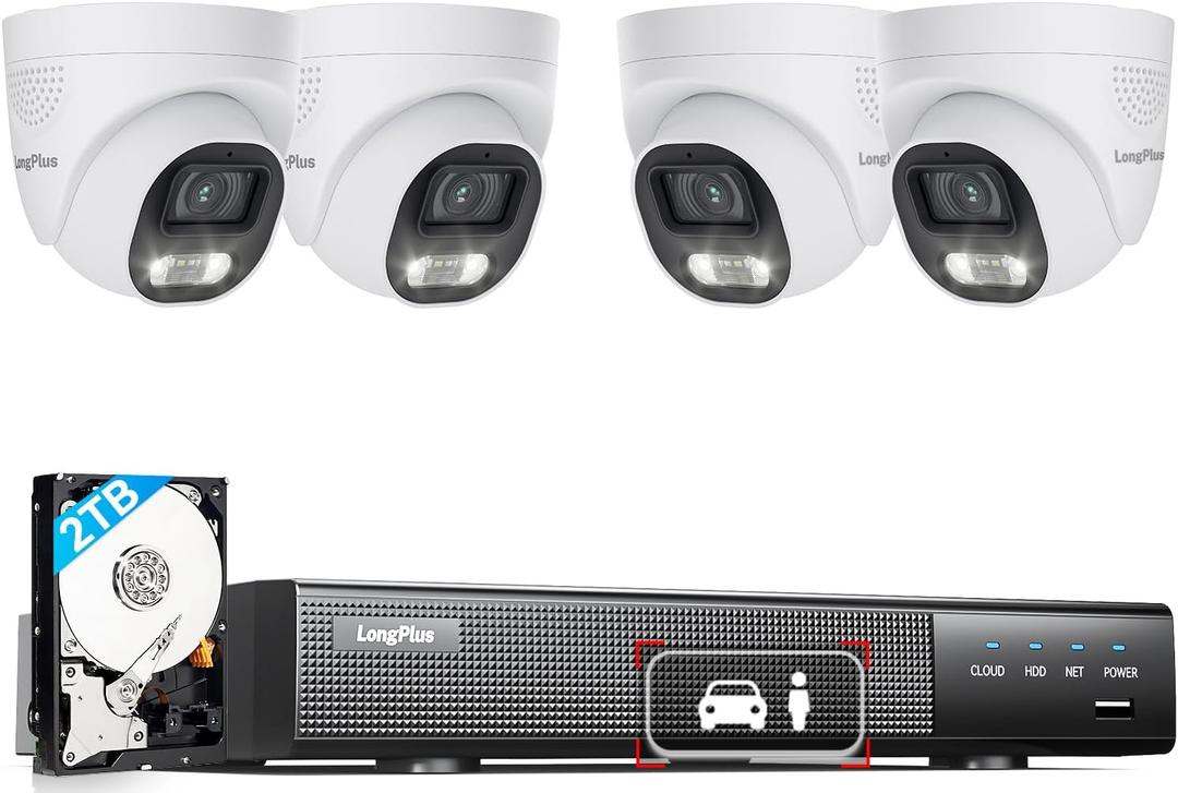 LongPlus 12MP 8CH Home Security Camera System, 4Pcs Wired PoE IP Cameras System Outdoor with Person/Vehicle Detection, 12MP 8CH NVR with 2TB HDD for 24-7 Recording, LP12ME84D1