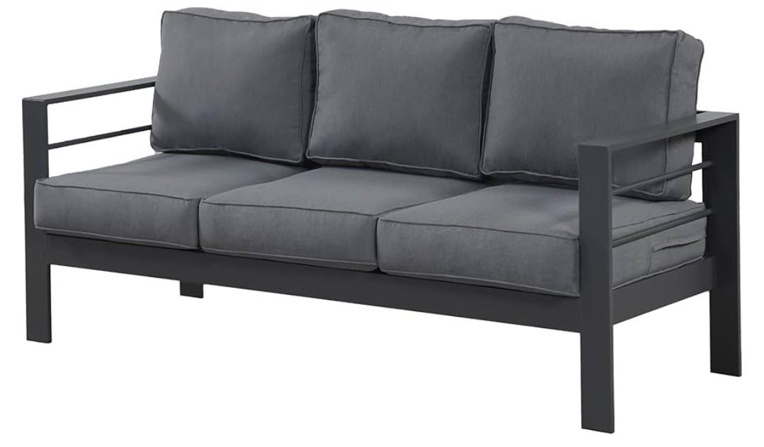 Wisteria Lane Patio Furniture Aluminum Sofa, All-Weather Outdoor 3 Seats Couch, Gray Metal Chair with Dark Grey Cushions