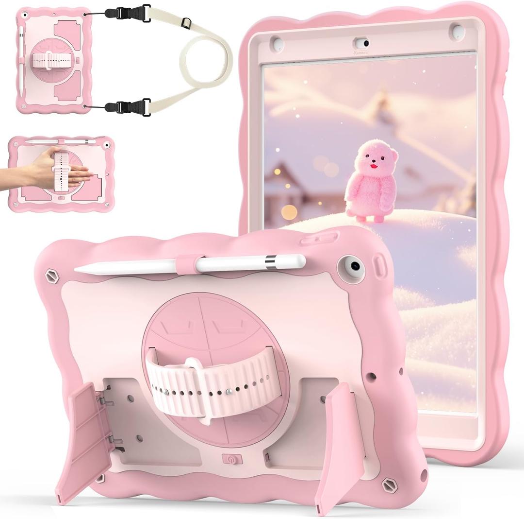 Case for iPad 9th Generation Case / 8th Gen / 7th Gen 10.2 Inch 2021 2020 2019, Heavy Duty Shockproof Protective Cover with Pencil Holder [360 Rotate Strap] & Stand for Kids, Pink